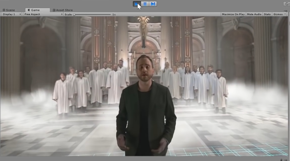 Screenshot of PIE mode in Unity of a digital fog integrated with a light field scene of a choir