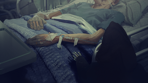 Concept art for game Reaping Rewards.  Shows a child grim reaper reaching towards a patient in a hospital bed.